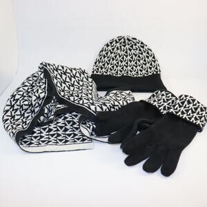 Michael Kors MK Logo Hat, Scarf & Gloves Set Black White